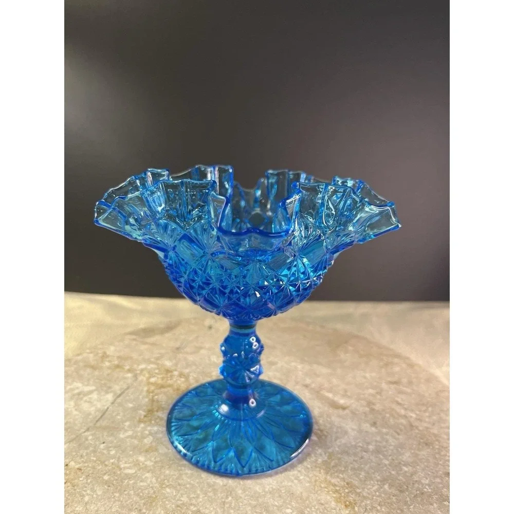 Fenton Colonial Blue Glass Ruffled Thumbprint Pedestal Fluted Compote Candy Dish